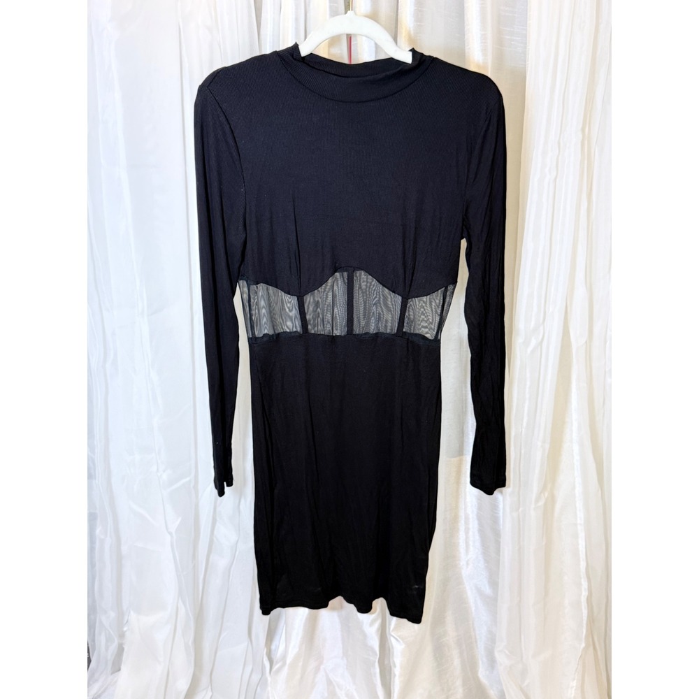 Bodycon Dress Womens Black Mesh Corset Waist Ribbed Mock Neck